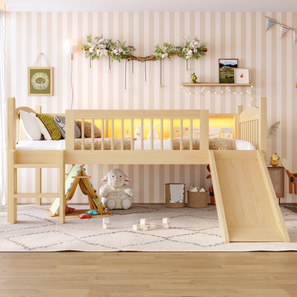 English Elm Twin Low Loft Bed Solid Pine Frame with Built-in Led Lighting and Storage Shelves Natural W1580P395930