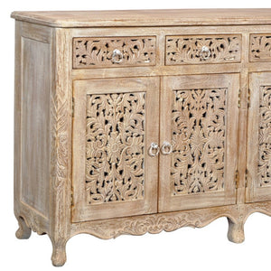 HomeRoots 66" Light Brown Buffet Table - Elegant Solid Wood Storage Solution with Four Drawers & Doors 488605