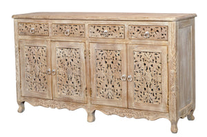 HomeRoots 66" Light Brown Buffet Table - Elegant Solid Wood Storage Solution with Four Drawers & Doors 488605
