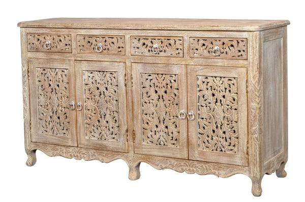 HomeRoots 66" Light Brown Buffet Table - Elegant Solid Wood Storage Solution with Four Drawers & Doors 488605