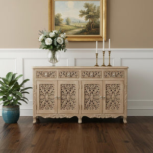 HomeRoots 66" Light Brown Buffet Table - Elegant Solid Wood Storage Solution with Four Drawers & Doors 488605