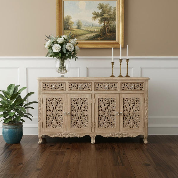 HomeRoots 66" Light Brown Buffet Table - Elegant Solid Wood Storage Solution with Four Drawers & Doors 488605