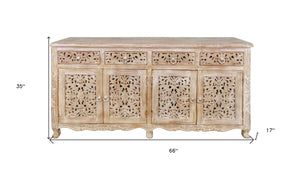 HomeRoots 66" Light Brown Buffet Table - Elegant Solid Wood Storage Solution with Four Drawers & Doors 488605