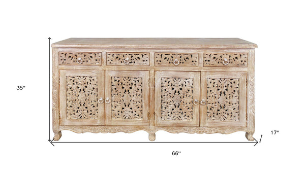 HomeRoots 66" Light Brown Buffet Table - Elegant Solid Wood Storage Solution with Four Drawers & Doors 488605