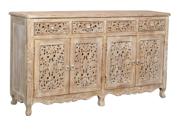 HomeRoots 66" Light Brown Buffet Table - Elegant Solid Wood Storage Solution with Four Drawers & Doors 488605