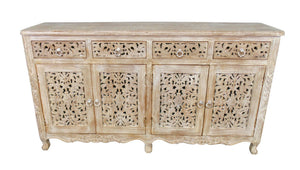 HomeRoots 66" Light Brown Buffet Table - Elegant Solid Wood Storage Solution with Four Drawers & Doors 488605