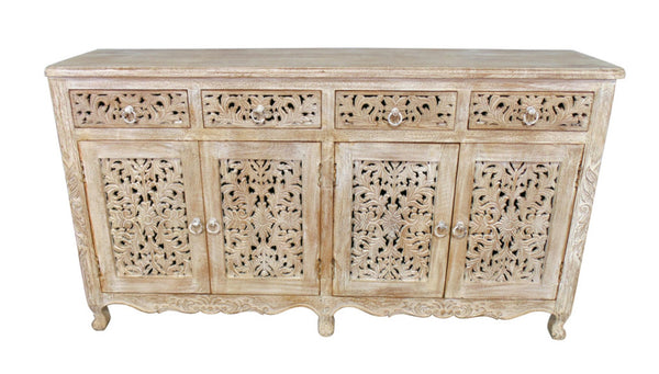 HomeRoots 66" Light Brown Buffet Table - Elegant Solid Wood Storage Solution with Four Drawers & Doors 488605