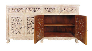 HomeRoots 66" Light Brown Buffet Table - Elegant Solid Wood Storage Solution with Four Drawers & Doors 488605