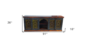 HomeRoots 91" Solid Wood Buffet Table in Brown-Gray-Green Finish - Stylish Storage & Versatile Design for Any Room 488606