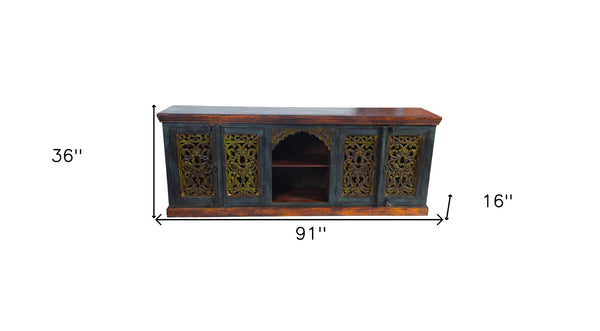 HomeRoots 91" Solid Wood Buffet Table in Brown-Gray-Green Finish - Stylish Storage & Versatile Design for Any Room 488606