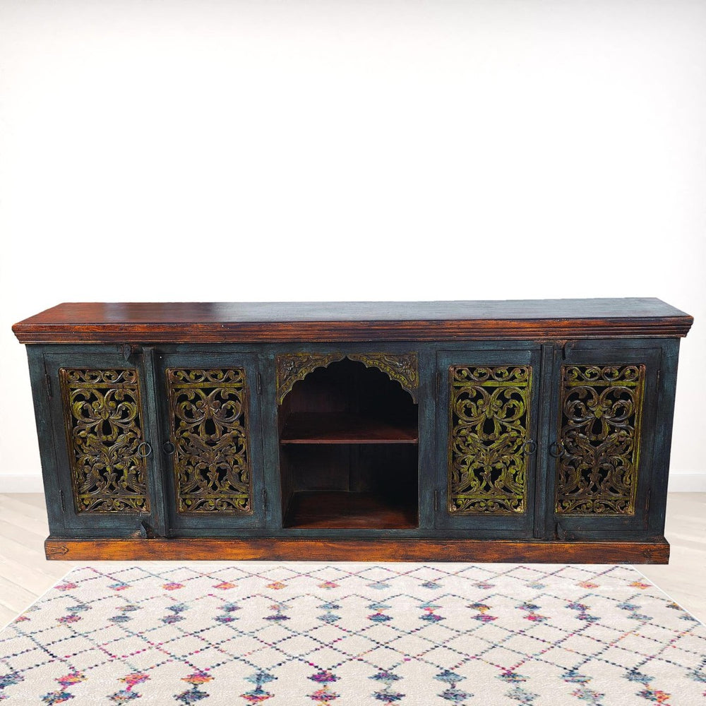 HomeRoots 91" Solid Wood Buffet Table in Brown-Gray-Green Finish - Stylish Storage & Versatile Design for Any Room 488606