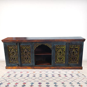 HomeRoots 91" Solid Wood Buffet Table in Brown-Gray-Green Finish - Stylish Storage & Versatile Design for Any Room 488606