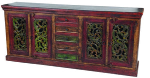 Homeroots 84" Solid Wood Buffet Table With Five Drawers & Four Doors – Stylish Storage In Brown, Gray & Green   488607