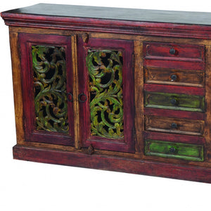 Homeroots 84" Solid Wood Buffet Table With Five Drawers & Four Doors – Stylish Storage In Brown, Gray & Green   488607