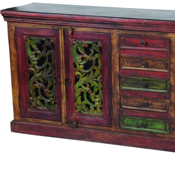 Homeroots 84" Solid Wood Buffet Table With Five Drawers & Four Doors – Stylish Storage In Brown, Gray & Green   488607