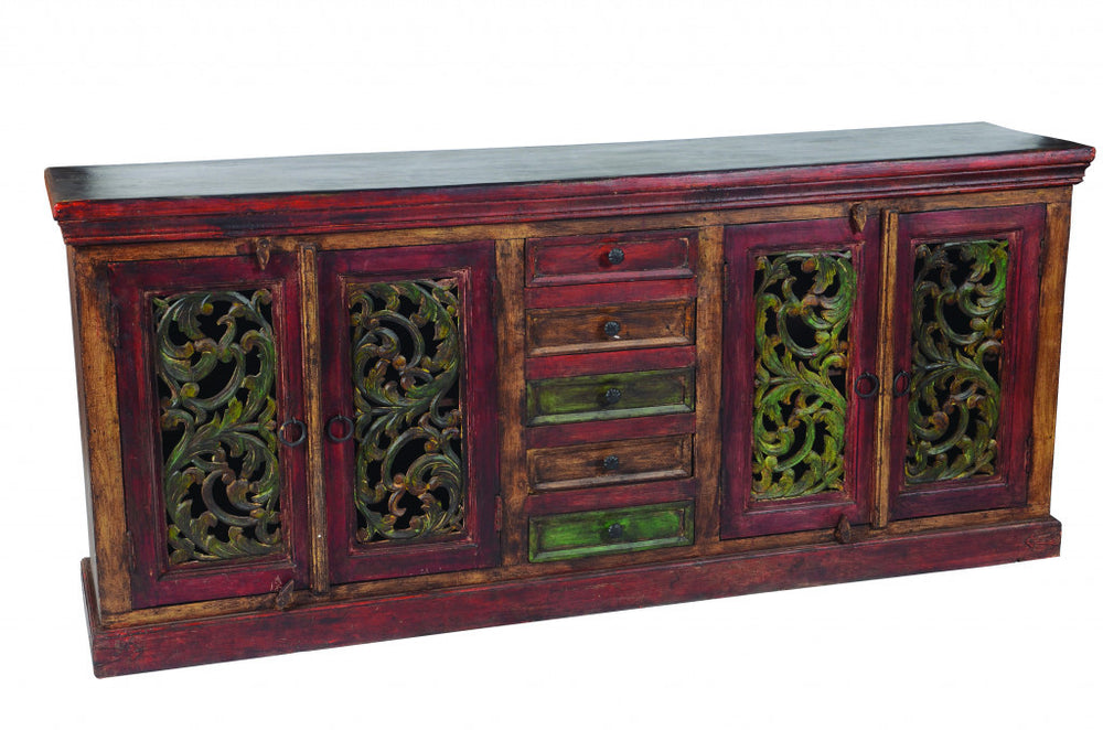 Homeroots 84" Solid Wood Buffet Table With Five Drawers & Four Doors – Stylish Storage In Brown, Gray & Green   488607