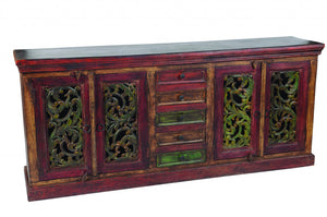 Homeroots 84" Solid Wood Buffet Table With Five Drawers & Four Doors – Stylish Storage In Brown, Gray & Green   488607