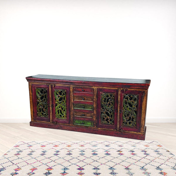 HomeRoots 84" Solid Wood Buffet Table in Brown, Gray, and Green - Stylish Storage Solution for Every Space 488607