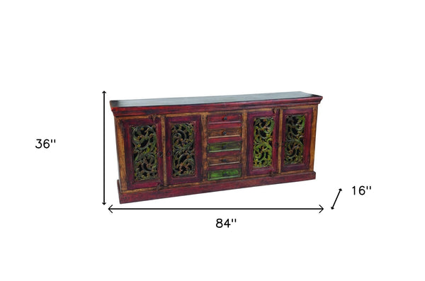 Homeroots 84" Solid Wood Buffet Table With Five Drawers & Four Doors – Stylish Storage In Brown, Gray & Green   488607