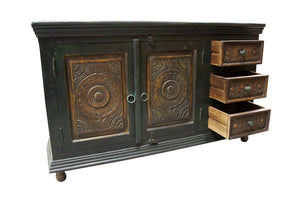 Homeroots 60" Elegant Dark Brown And Green Solid Wood Buffet Table With 3 Drawers And Stylish Storage Solutions   488610
