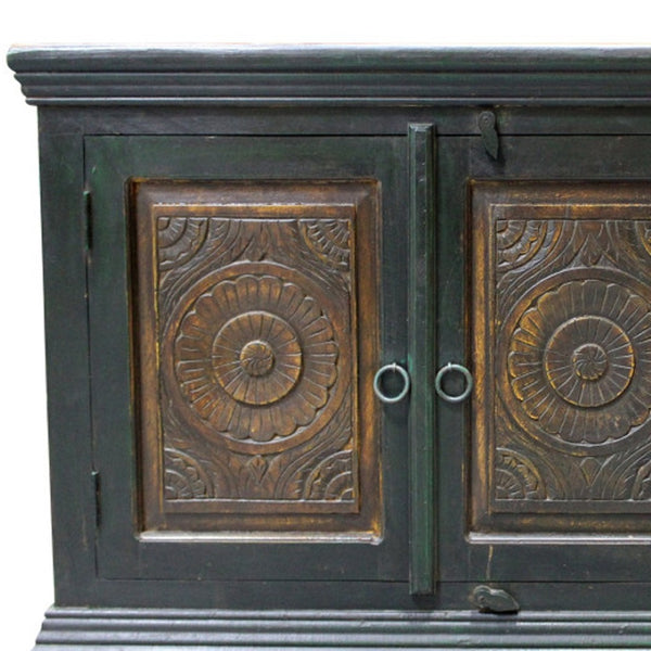 Homeroots 60" Elegant Dark Brown And Green Solid Wood Buffet Table With 3 Drawers And Stylish Storage Solutions   488610