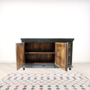 HomeRoots 60" Solid Wood Buffet Table in Dark Brown & Green - Three Drawers, Two Doors, Versatile Storage Solution 488610