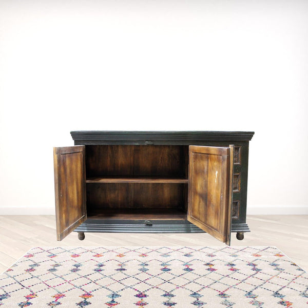 HomeRoots 60" Solid Wood Buffet Table in Dark Brown & Green - Three Drawers, Two Doors, Versatile Storage Solution 488610