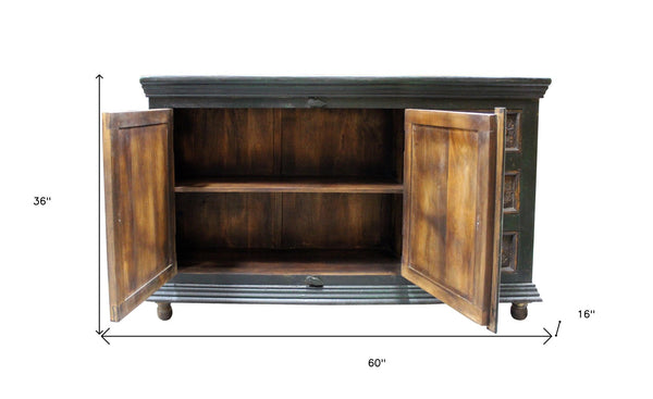 Homeroots 60" Elegant Dark Brown And Green Solid Wood Buffet Table With 3 Drawers And Stylish Storage Solutions   488610