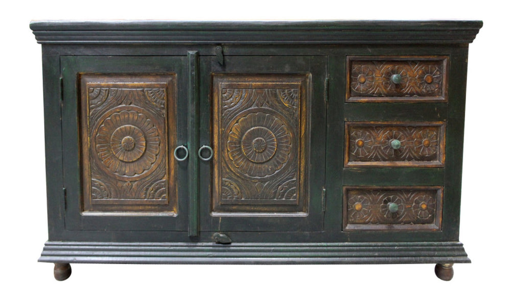 HomeRoots 60" Solid Wood Buffet Table in Dark Brown & Green - Three Drawers, Two Doors, Versatile Storage Solution 488610