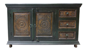 Homeroots 60" Elegant Dark Brown And Green Solid Wood Buffet Table With 3 Drawers And Stylish Storage Solutions   488610