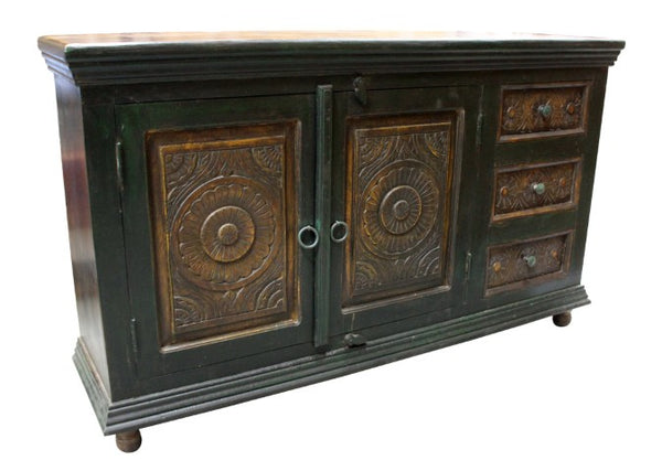 Homeroots 60" Elegant Dark Brown And Green Solid Wood Buffet Table With 3 Drawers And Stylish Storage Solutions   488610
