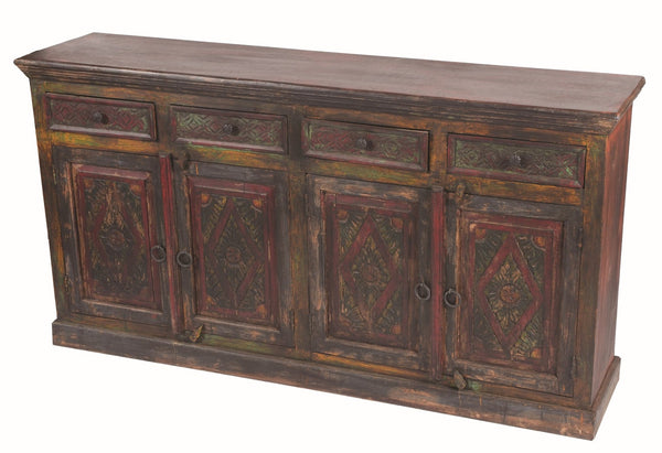 HomeRoots 72" Solid Wood Sideboard with Four Drawers & Doors - Rustic Dark Brown & Green Storage Solution 488611