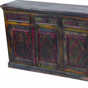 HomeRoots 72" Solid Wood Sideboard with Four Drawers & Doors - Rustic Dark Brown & Green Storage Solution 488611
