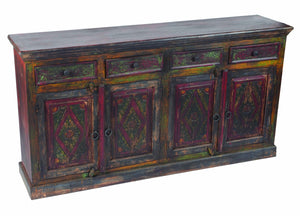 HomeRoots 72" Solid Wood Sideboard with Four Drawers & Doors - Rustic Dark Brown & Green Storage Solution 488611