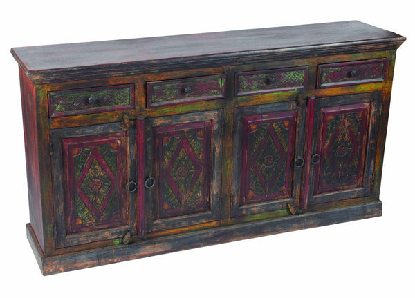 HomeRoots 72" Solid Wood Sideboard with Four Drawers & Doors - Rustic Dark Brown & Green Storage Solution 488611
