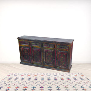 HomeRoots 72" Solid Wood Sideboard with Four Drawers & Doors - Rustic Dark Brown & Green Storage Solution 488611