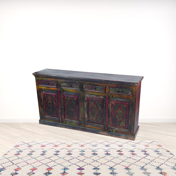 HomeRoots 72" Solid Wood Sideboard with Four Drawers & Doors - Rustic Dark Brown & Green Storage Solution 488611