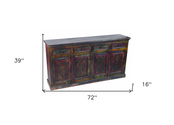 HomeRoots 72" Solid Wood Sideboard with Four Drawers & Doors - Rustic Dark Brown & Green Storage Solution 488611