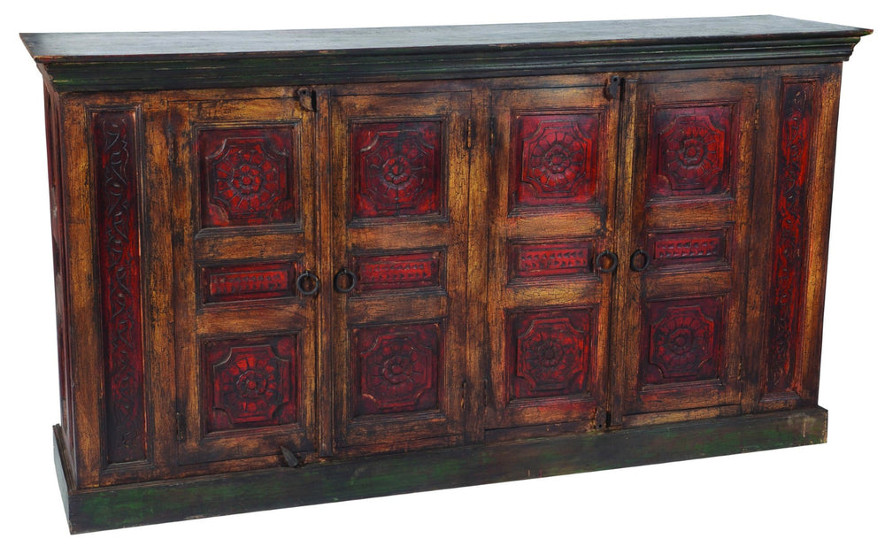 HomeRoots 80" Distressed Solid Wood Buffet Table with Intricate Floral Carvings - Versatile Storage Solution! 488613