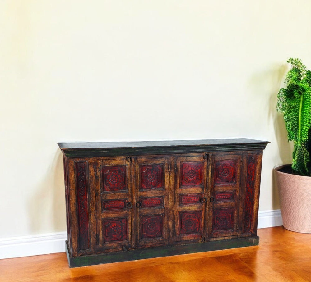 Homeroots 80" Elegant Brown And Black Solid Wood Buffet Table - Stylish Storage With Four Doors & Shelves   488613