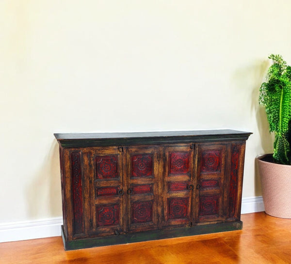 Homeroots 80" Elegant Brown And Black Solid Wood Buffet Table - Stylish Storage With Four Doors & Shelves   488613