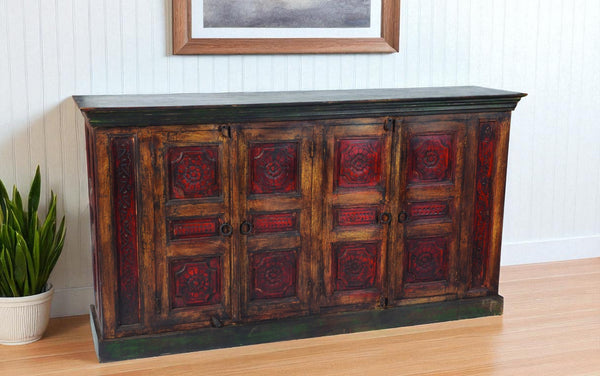 HomeRoots 80" Distressed Solid Wood Buffet Table with Intricate Floral Carvings - Versatile Storage Solution! 488613