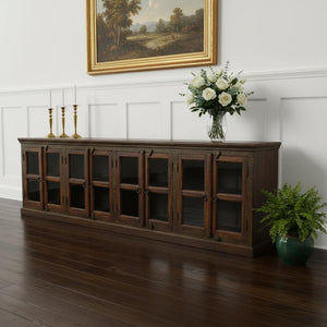 HomeRoots 118" Brown Distressed Solid Wood Buffet Table with 8 Glass Doors – Elegant Storage & Display Solution 488614