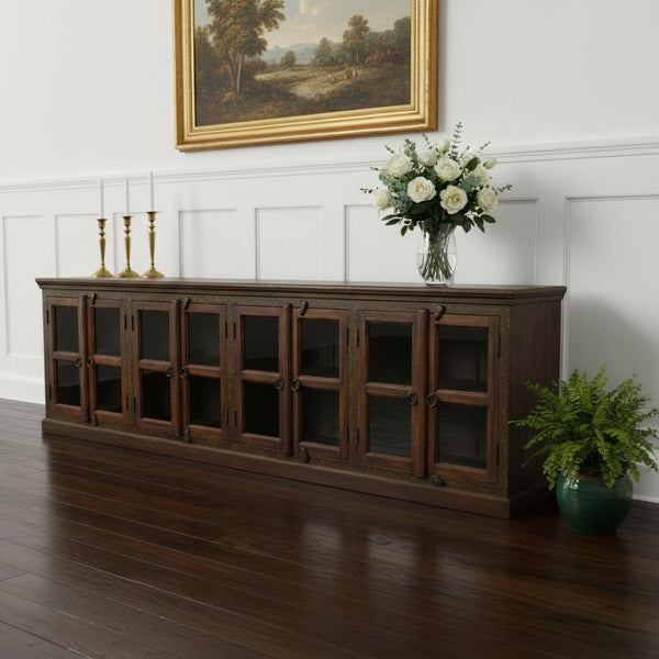 HomeRoots 118" Brown Distressed Solid Wood Buffet Table with 8 Glass Doors – Elegant Storage & Display Solution 488614