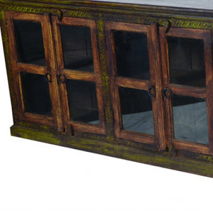 HomeRoots 118" Brown Distressed Solid Wood Buffet Table with 8 Glass Doors – Elegant Storage & Display Solution 488614