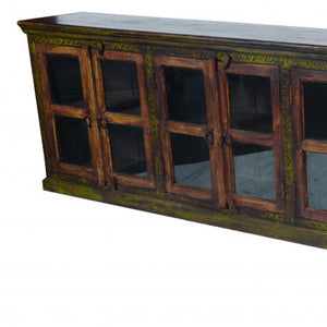 HomeRoots 118" Brown Distressed Solid Wood Buffet Table with 8 Glass Doors – Elegant Storage & Display Solution 488614