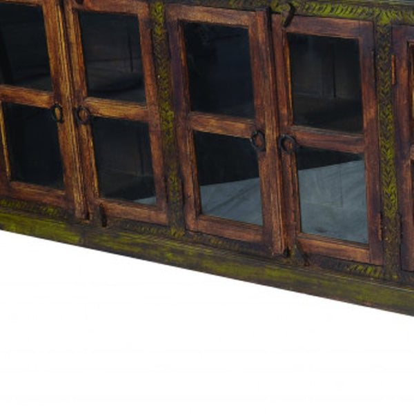 HomeRoots 118" Brown Distressed Solid Wood Buffet Table with 8 Glass Doors – Elegant Storage & Display Solution 488614