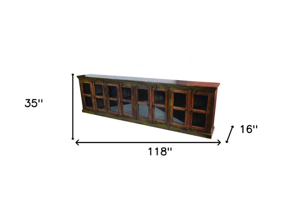 HomeRoots 118" Brown Distressed Solid Wood Buffet Table with 8 Glass Doors – Elegant Storage & Display Solution 488614