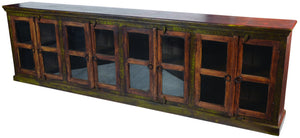 HomeRoots 118" Brown Distressed Solid Wood Buffet Table with 8 Glass Doors – Elegant Storage & Display Solution 488614