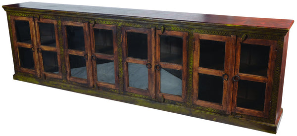 HomeRoots 118" Brown Distressed Solid Wood Buffet Table with 8 Glass Doors – Elegant Storage & Display Solution 488614